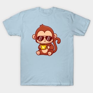 Cute Cool Monkey Drink Coffee Cartoon T-Shirt